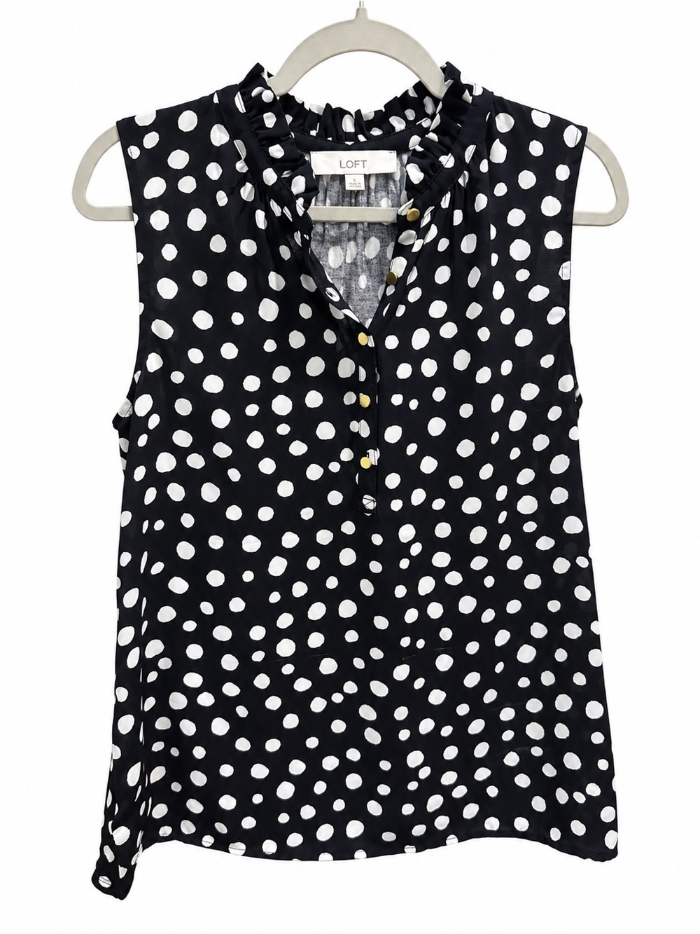 LOFT Black & White Polka Dot Sleeveless Ruffle Collar Top